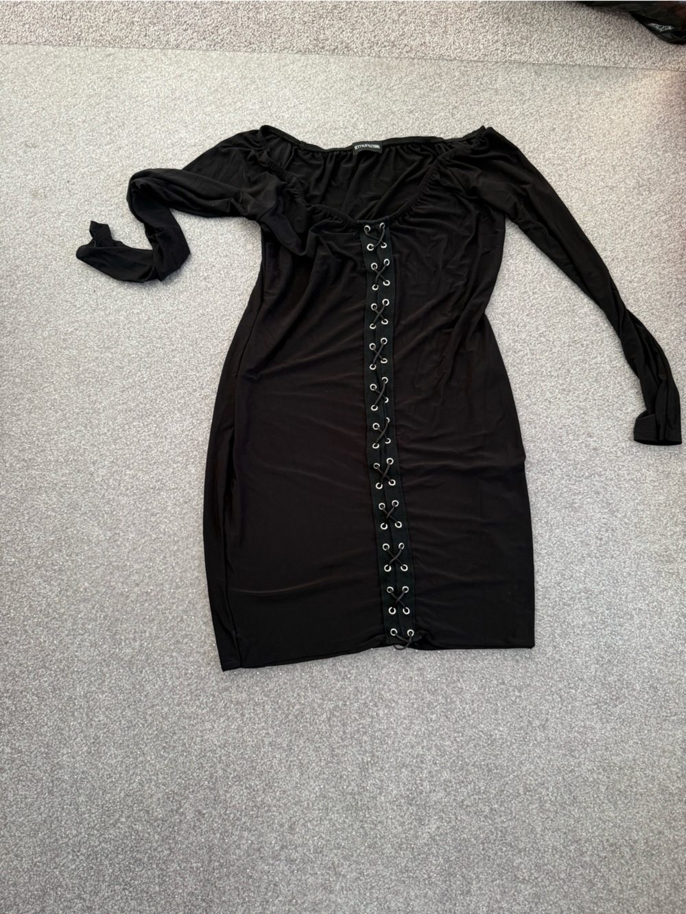 Black Lace-Up Front Long Sleeve Dress